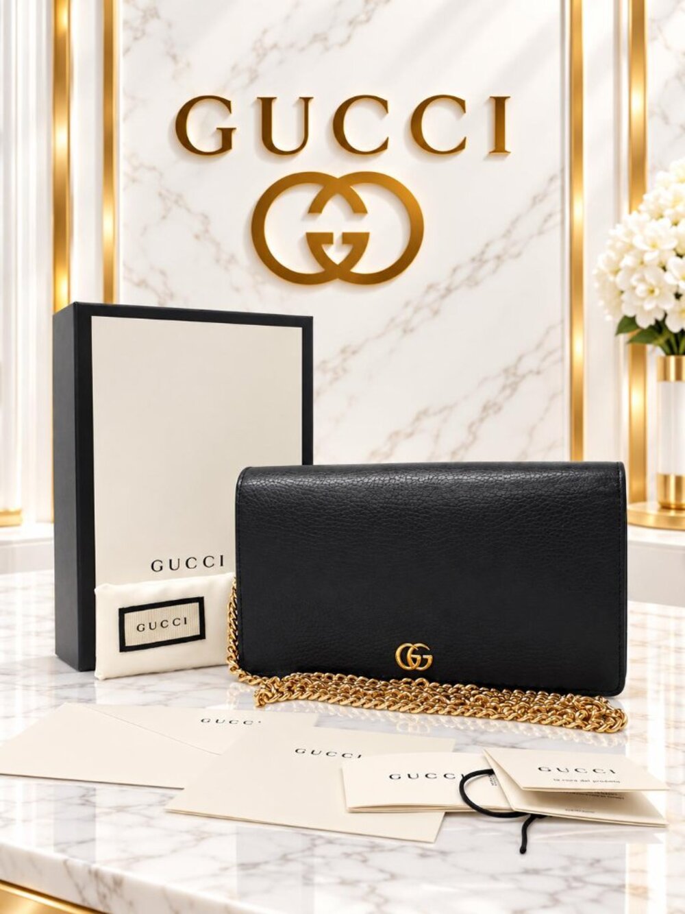 Authentic Gucci Black Leather Chain Wallet Crossbody Bag Gold Double G WOC